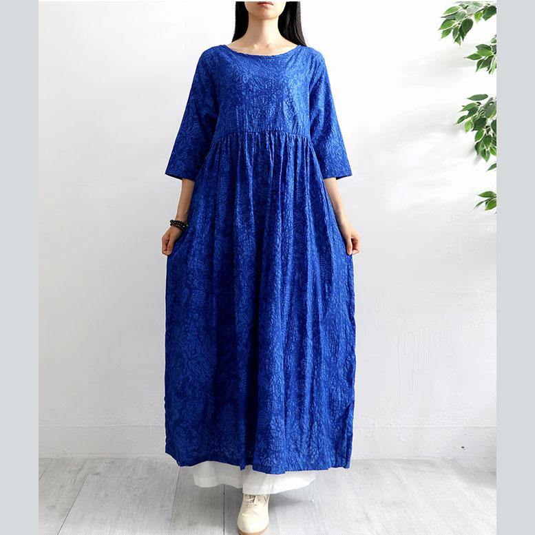 Chic high waist linen dresses Work Outfits blue half sleeve Dress summer - Omychic