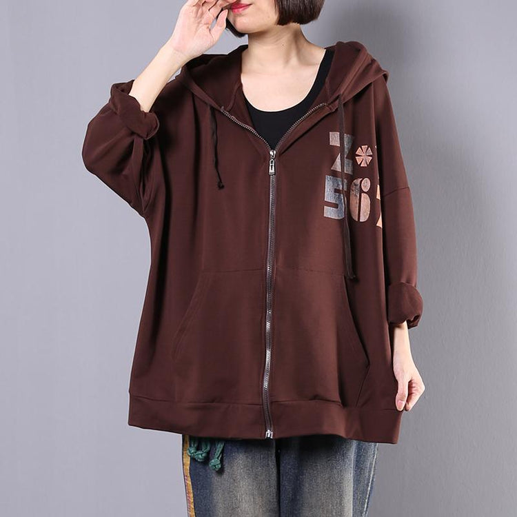 Chic hooded cotton tunic pattern Work Outfits dark khaki alphabet prints cardigan fall - Omychic