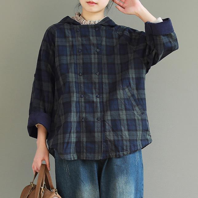 Chic hooded double breast linen Blouse Plus Size Inspiration green Plaid cotton blouses - Omychic