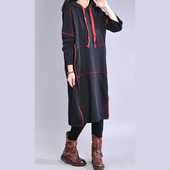 Chic hooded drawstring cotton dress Work black Maxi Dresses - Omychic