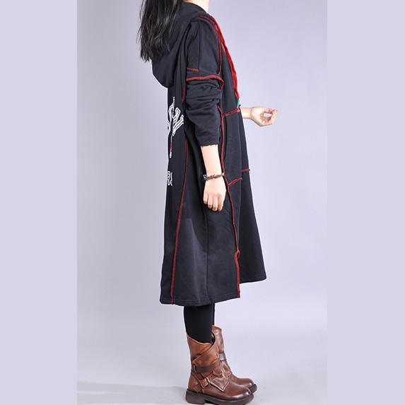 Chic hooded drawstring cotton dress Work black Maxi Dresses - Omychic