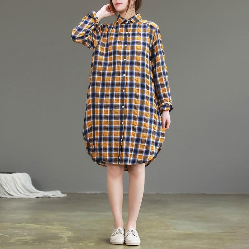 Chic lapel Button Down Cotton Wardrobes 2019 Work Outfits yellow Plaid daily Dresses - Omychic