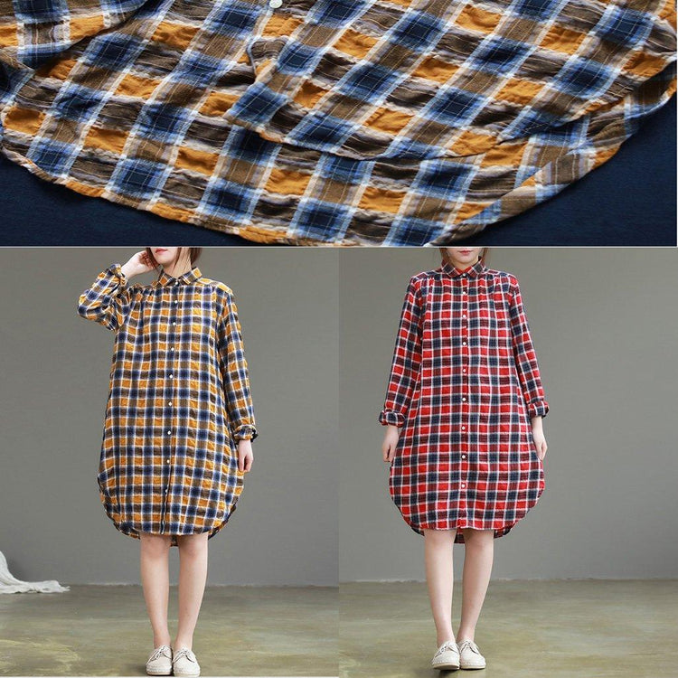 Chic lapel Button Down Cotton Wardrobes 2019 Work Outfits yellow Plaid daily Dresses - Omychic