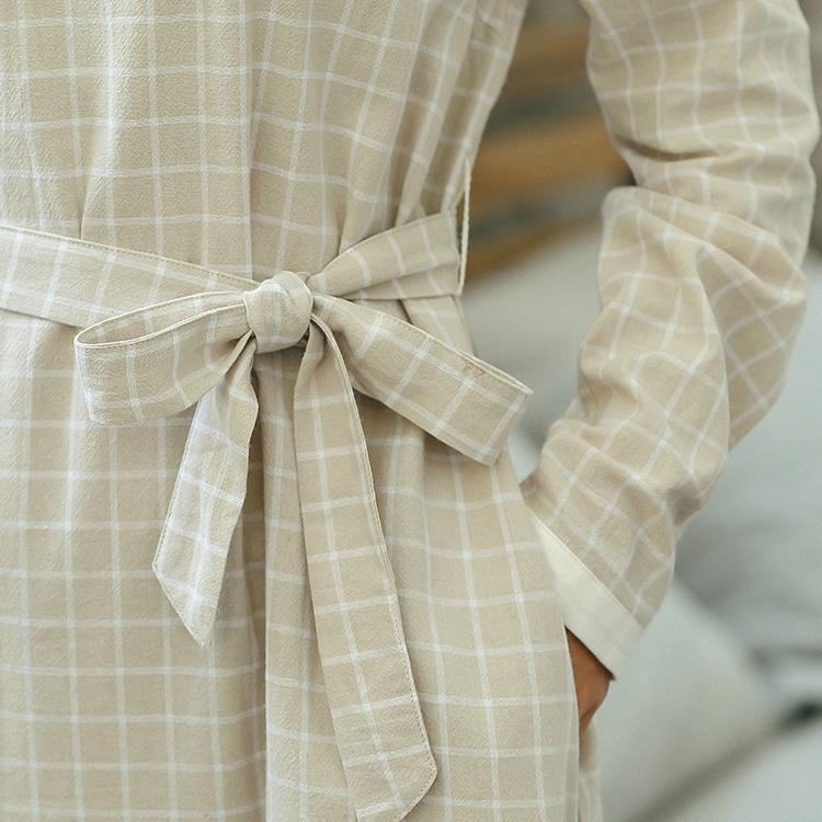 Chic lapel tie waist linen dress Pakistani Work Outfits grid oversized Dresses spring - Omychic