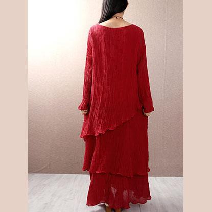Chic layered cotton linen clothes Sleeve red o neck Dresses autumn - Omychic