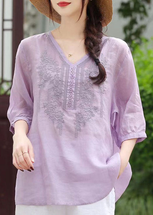 Chic light Purple V Neck Embroideried Patchwork Linen Top Summer