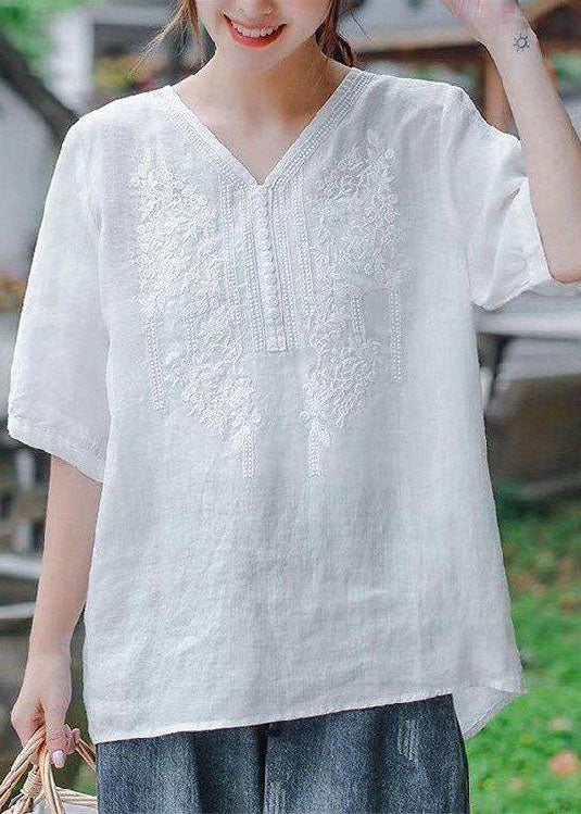 Chic light Purple V Neck Embroideried Patchwork Linen Top Summer