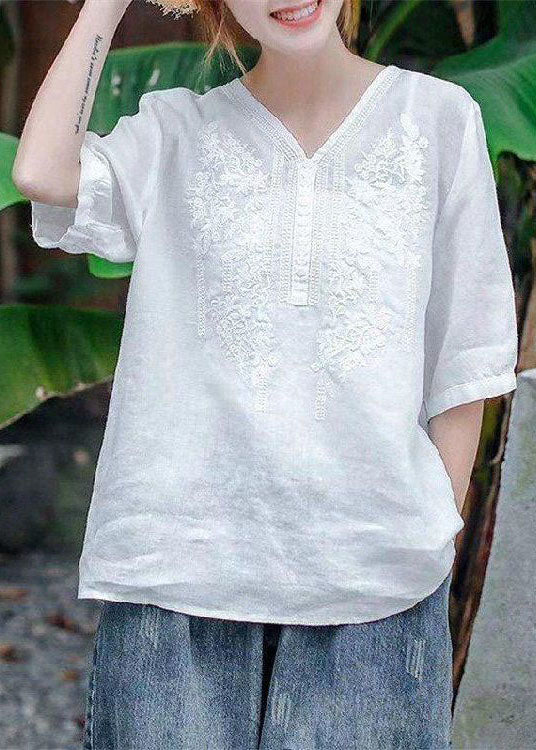 Chic light Purple V Neck Embroideried Patchwork Linen Top Summer