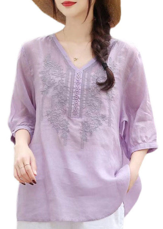 Chic light Purple V Neck Embroideried Patchwork Linen Top Summer