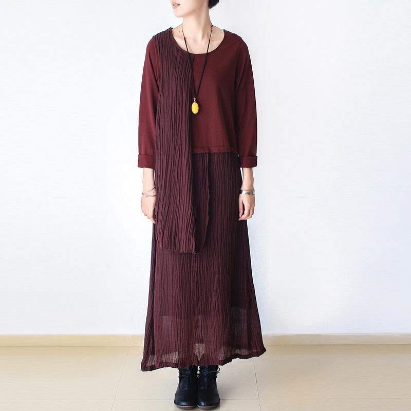 Chic linen dresses 18th Century o neck asymmetric Life burgundy Kaftan Dress - Omychic
