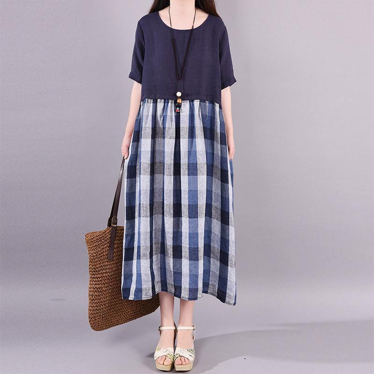 Chic linen dresses Metropolitan Museum Casual Spliced Round Neck Plaid Short Sleeve Dress - Omychic