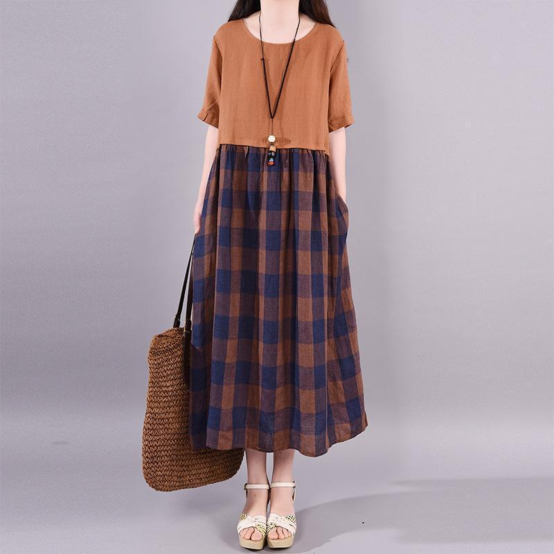 Chic linen dresses Metropolitan Museum Casual Spliced Round Neck Plaid Short Sleeve Dress - Omychic