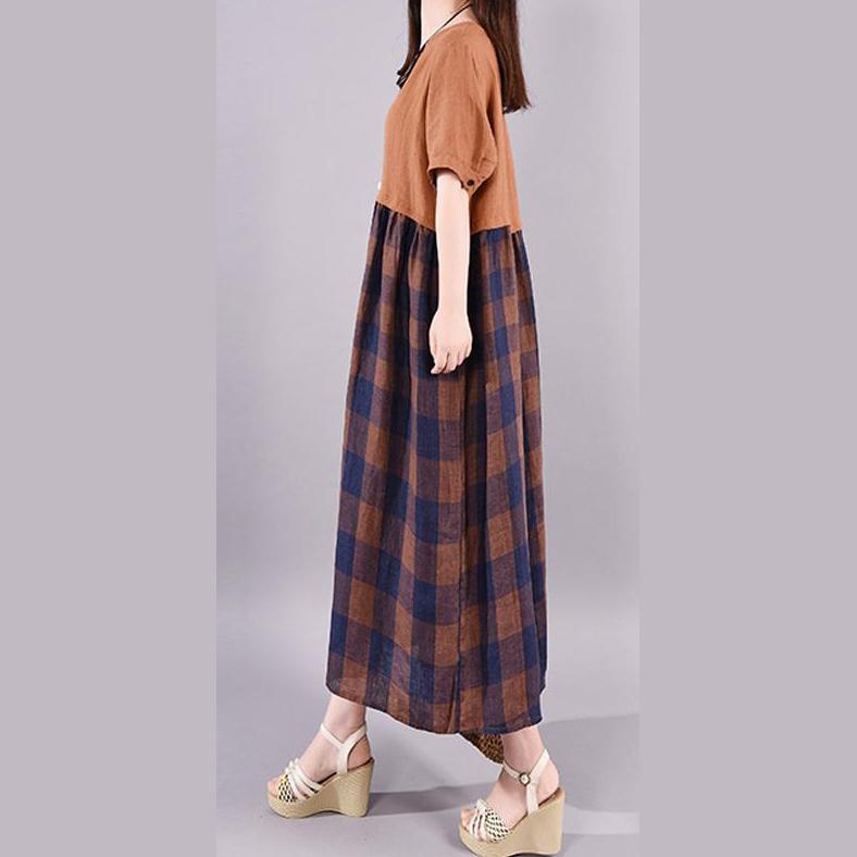 Chic linen dresses Metropolitan Museum Casual Spliced Round Neck Plaid Short Sleeve Dress - Omychic