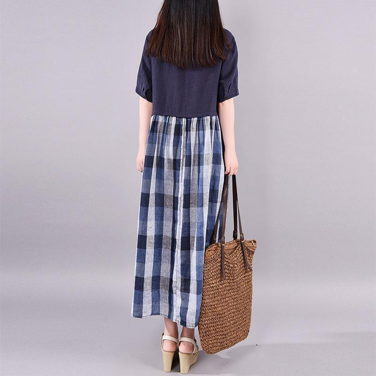 Chic linen dresses Metropolitan Museum Casual Spliced Round Neck Plaid Short Sleeve Dress - Omychic