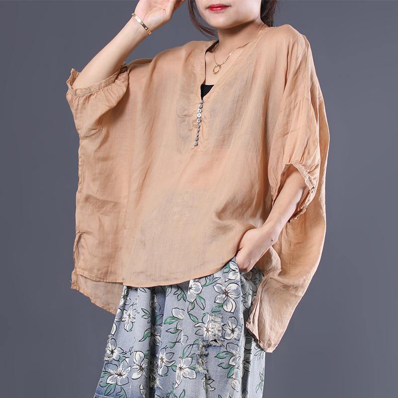 Chic low high design linen shirts Inspiration khaki v neck blouses summer - Omychic