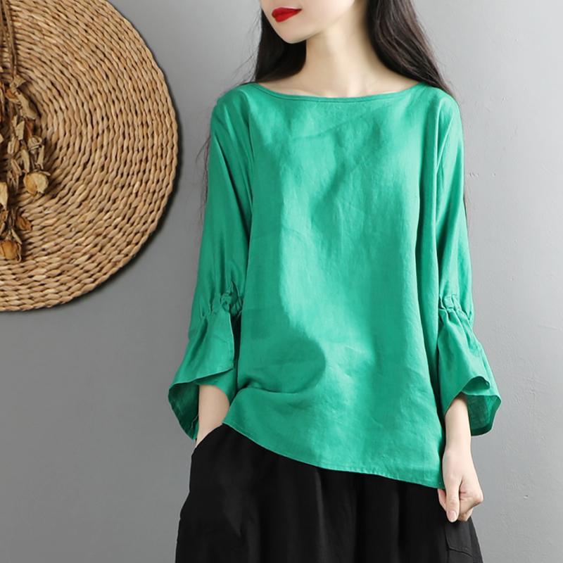 Chic low high design linen wrinkled o neck clothes Christmas Gifts green shirt - Omychic