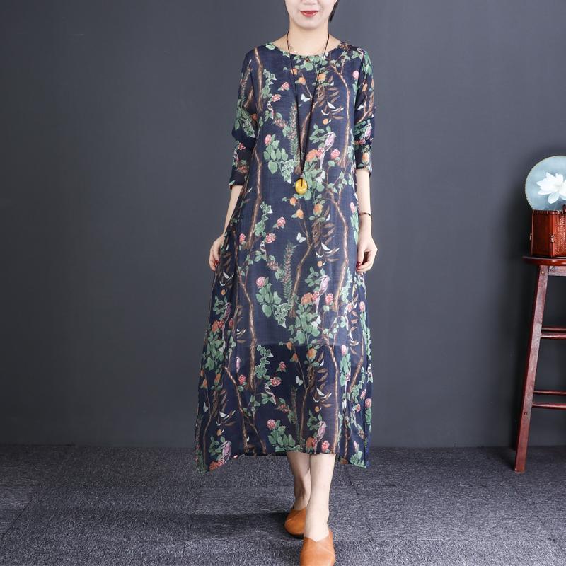 Chic navy print cotton clothes For Women Metropolitan Museum Photography o neck A Line spring Dress - Omychic