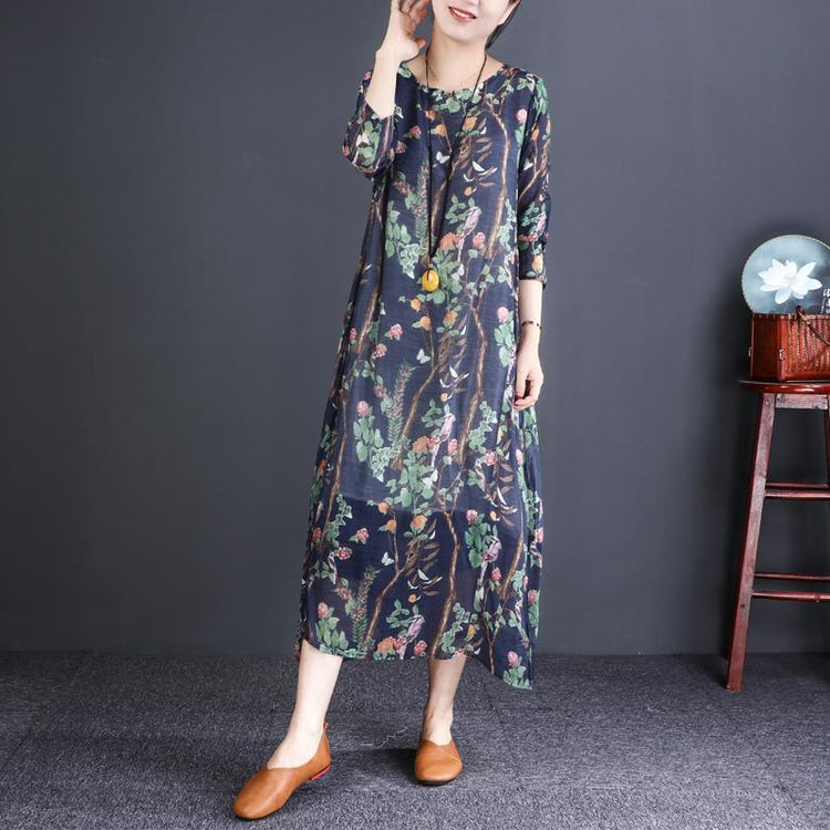 Chic navy print cotton clothes For Women Metropolitan Museum Photography o neck A Line spring Dress - Omychic