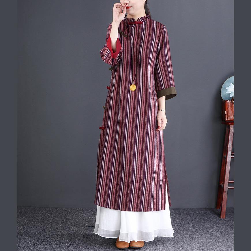 Chic navy striped linen clothes For Women Casual Online Shopping stand collar side open A Line Dress - Omychic