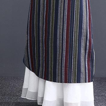 Chic navy striped linen clothes For Women Casual Online Shopping stand collar side open A Line Dress - Omychic