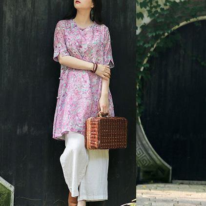 Chic o neck Button Down half sleeve linen outfit boutique Tutorials pink purple print baggy Dress Summer - Omychic