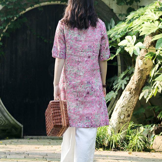 Chic o neck Button Down half sleeve linen outfit boutique Tutorials pink purple print baggy Dress Summer - Omychic