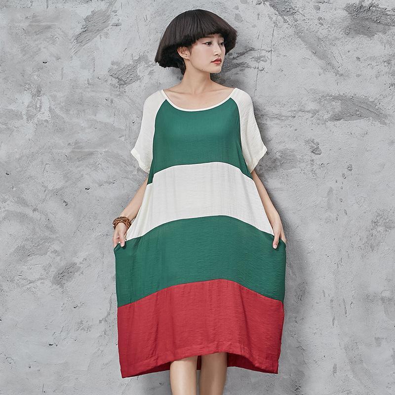 Chic o neck Cotton quilting dresses Shape patchwork short sleeve Dress loose waist summer - Omychic