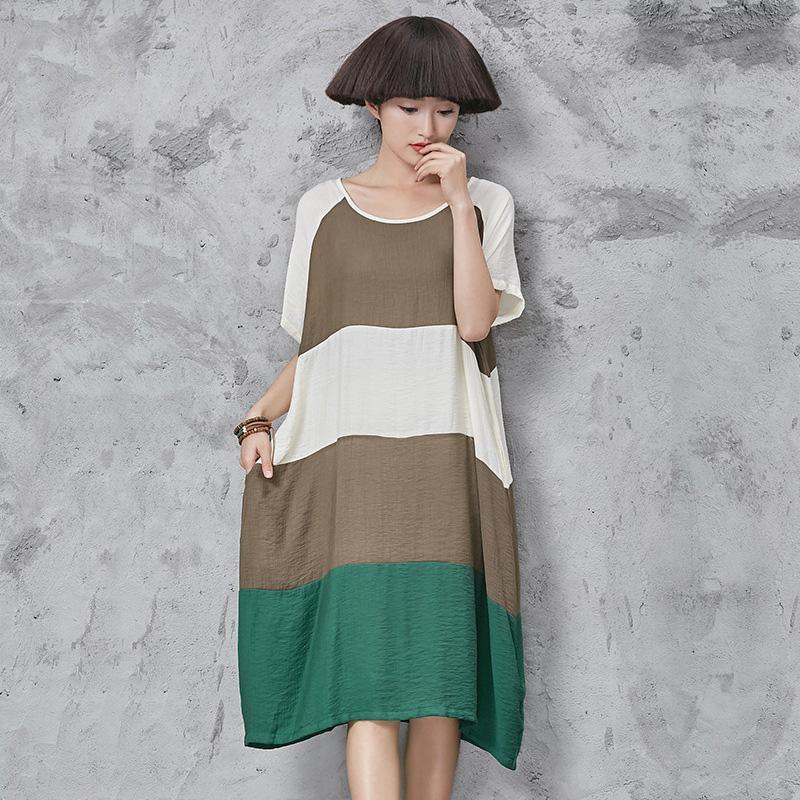 Chic o neck Cotton quilting dresses Shape patchwork short sleeve Dress loose waist summer - Omychic