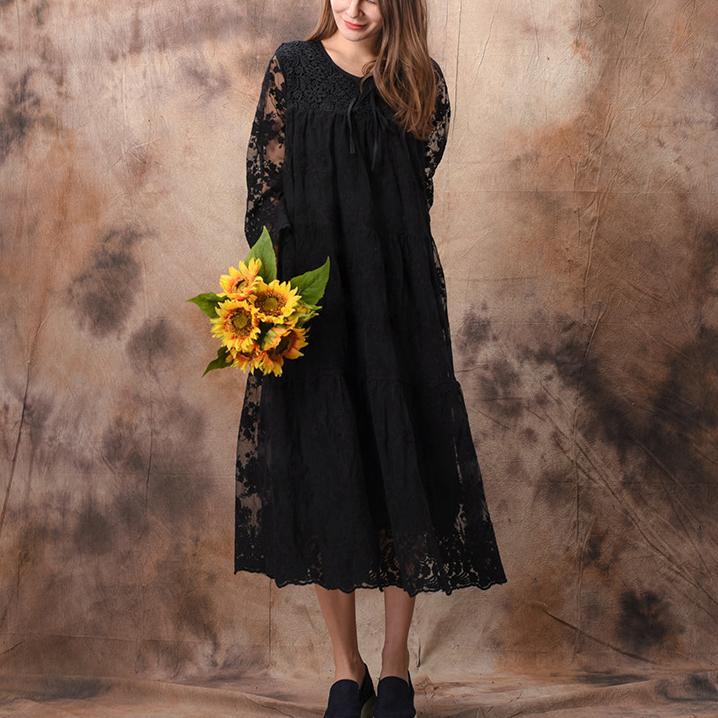 Chic o neck false two pieces lace clothes For Women plus size Sewing black long Dresses Summer - Omychic