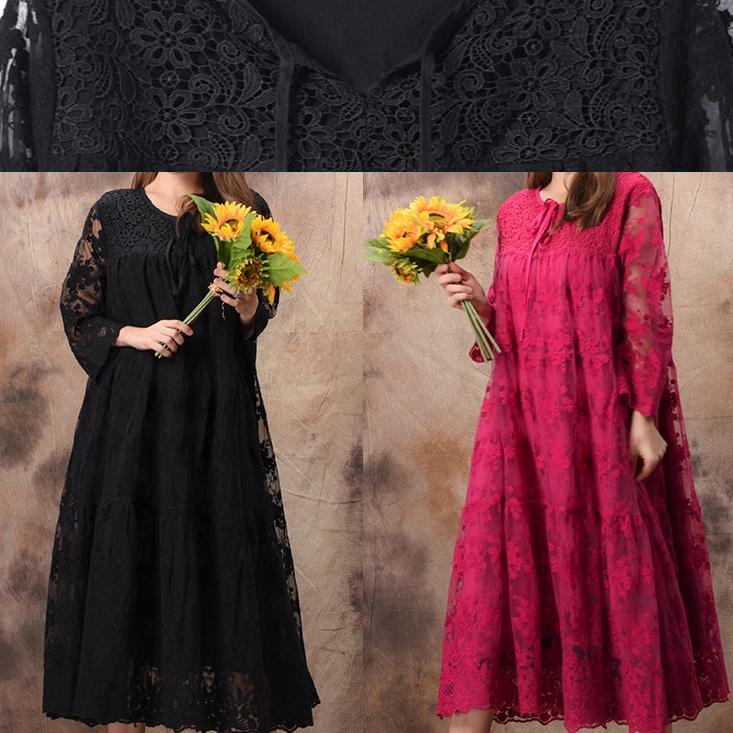Chic o neck false two pieces lace clothes For Women plus size Sewing black long Dresses Summer - Omychic