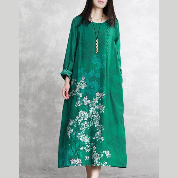 Chic o neck linen clothes Fine pattern green prints long Dress spring - Omychic