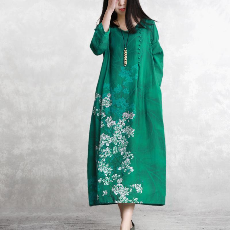 Chic o neck linen clothes Fine pattern green prints long Dress spring - Omychic