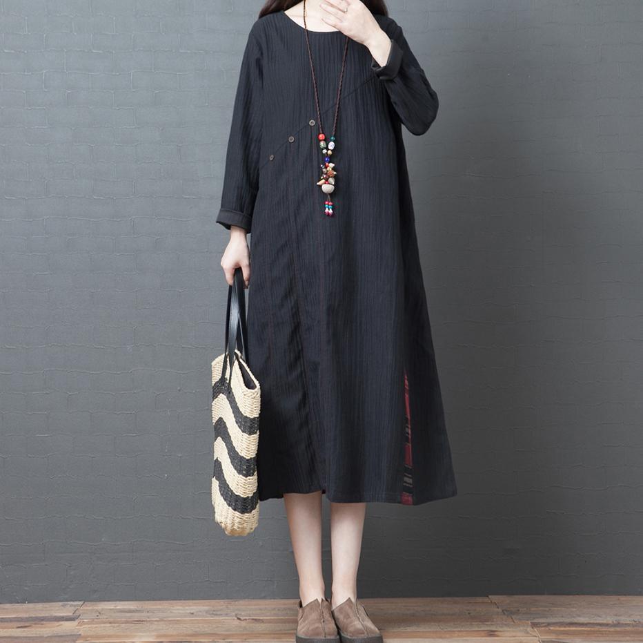 Chic o neck long sleeve linen dresses Fabrics black Dress - Omychic