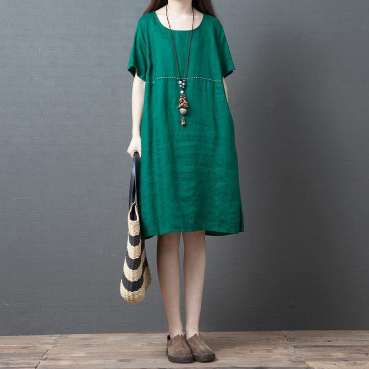 Chic o neck pockets linen Robes Tunic Tops green Dress summer - Omychic