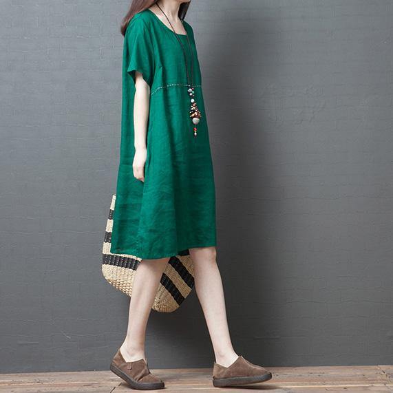 Chic o neck pockets linen Robes Tunic Tops green Dress summer - Omychic