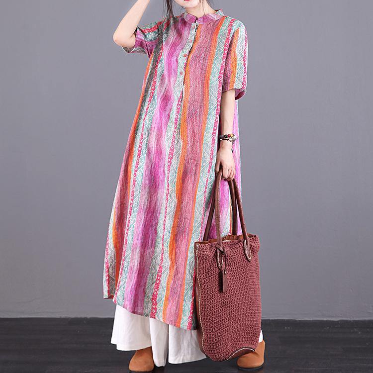 Chic o neck pockets linen clothes For Women Fashion Ideas multicolor striped Dresses summer - Omychic