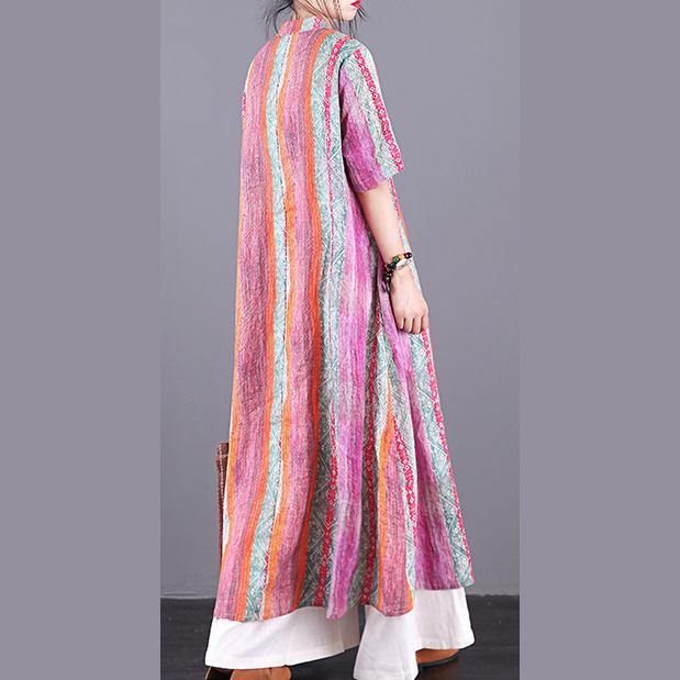 Chic o neck pockets linen clothes For Women Fashion Ideas multicolor striped Dresses summer - Omychic