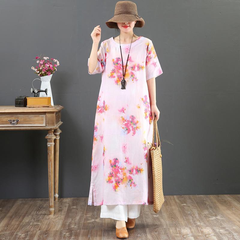 Chic o neck pockets linen clothes For Women Wardrobes pink print Maxi Dresses Summer - Omychic