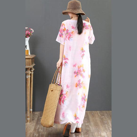 Chic o neck pockets linen clothes For Women Wardrobes pink print Maxi Dresses Summer - Omychic