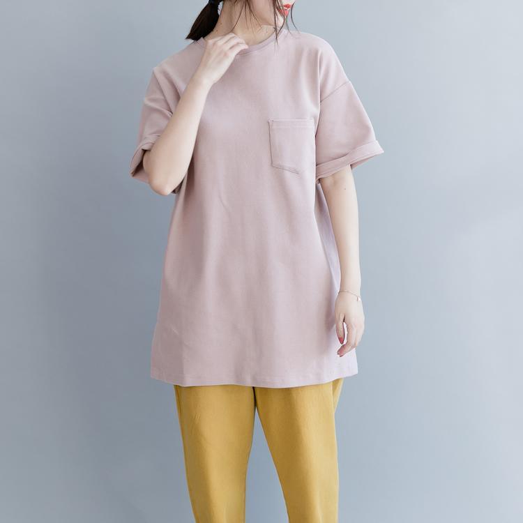 Chic o neck side open cotton linen tops women Vintage Photography pink Knee blouse summer - Omychic