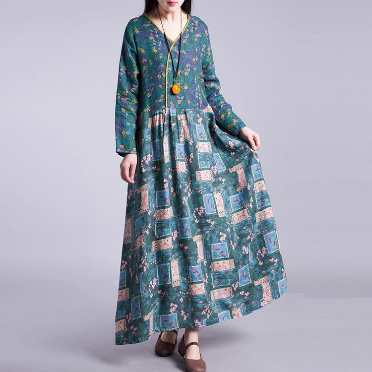 Chic patchwork linen dresses Wardrobes green prings v neck Dress autumn - Omychic