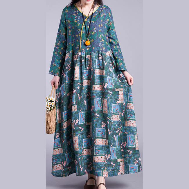Chic patchwork linen dresses Wardrobes green prings v neck Dress autumn - Omychic