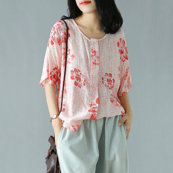 Chic pink cotton Blouse Fitted Women O-Neck Casual Print Cotton Blouse - Omychic