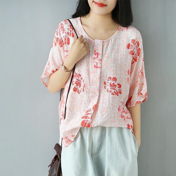 Chic pink cotton Blouse Fitted Women O-Neck Casual Print Cotton Blouse - Omychic