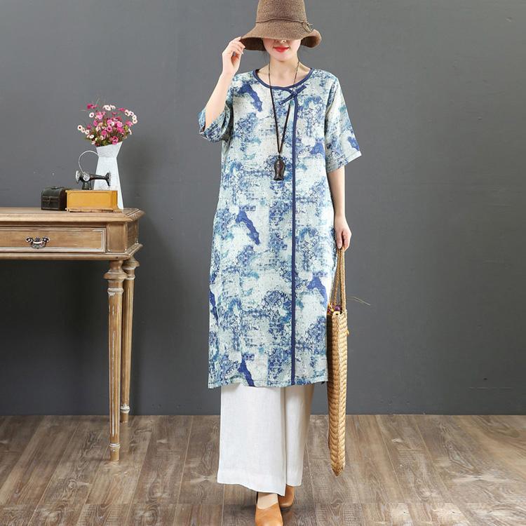Chic pockets linen clothes For Women Omychic Ideas light blue print A Line Dress Summer - Omychic