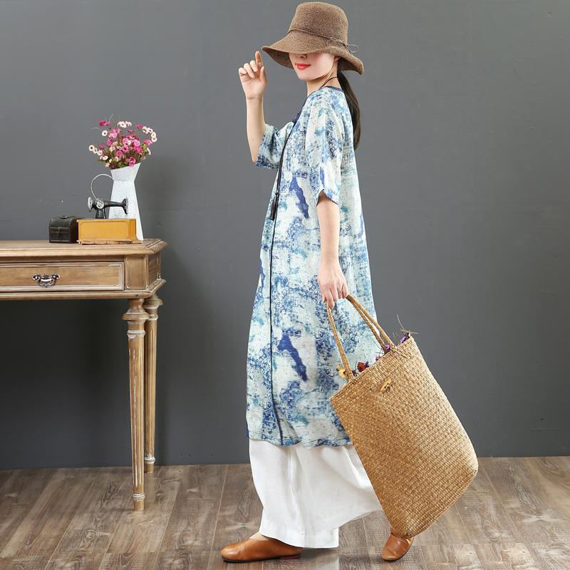 Chic pockets linen clothes For Women Omychic Ideas light blue print A Line Dress Summer - Omychic