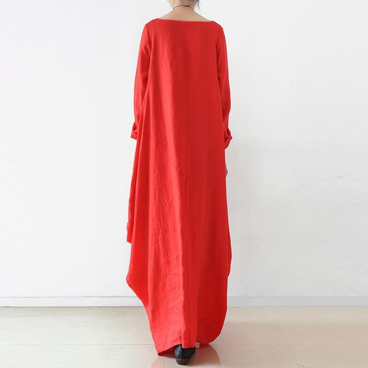 Chic red linen clothes Omychic Runway o neck asymmetric cotton robes Dresses - Omychic