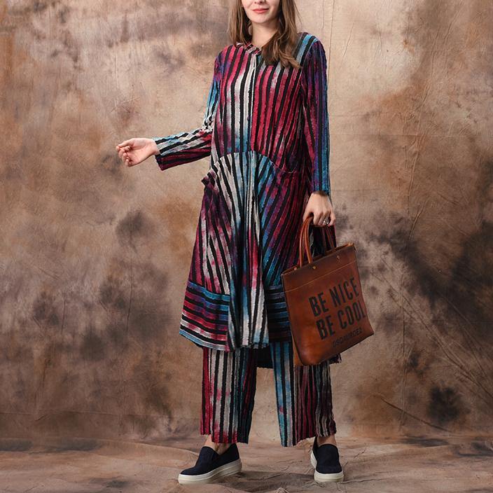Chic red striped cotton Blouse stylish pattern and wide leg pants Plus Size Clothing spring Jacquard two pieces - Omychic