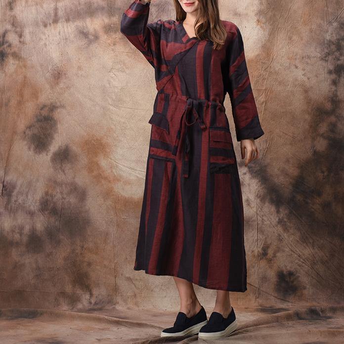 Chic red striped cotton linen dress Korea Tutorials v neck asymmetric pockets long spring Dresses - Omychic
