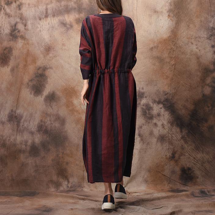 Chic red striped cotton linen dress Korea Tutorials v neck asymmetric pockets long spring Dresses - Omychic